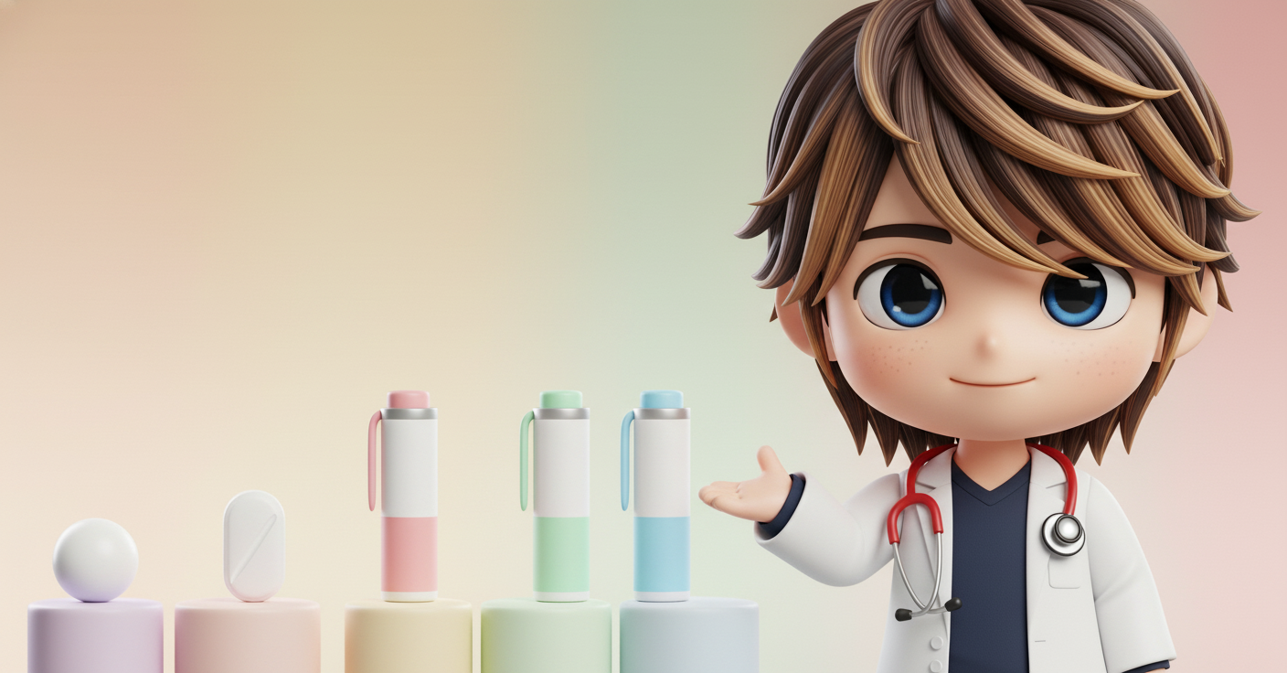 リベルサス・オルフォルグリプロン（Foundayo）と注射のGLP-1製剤を並べた比較フラットイラスト