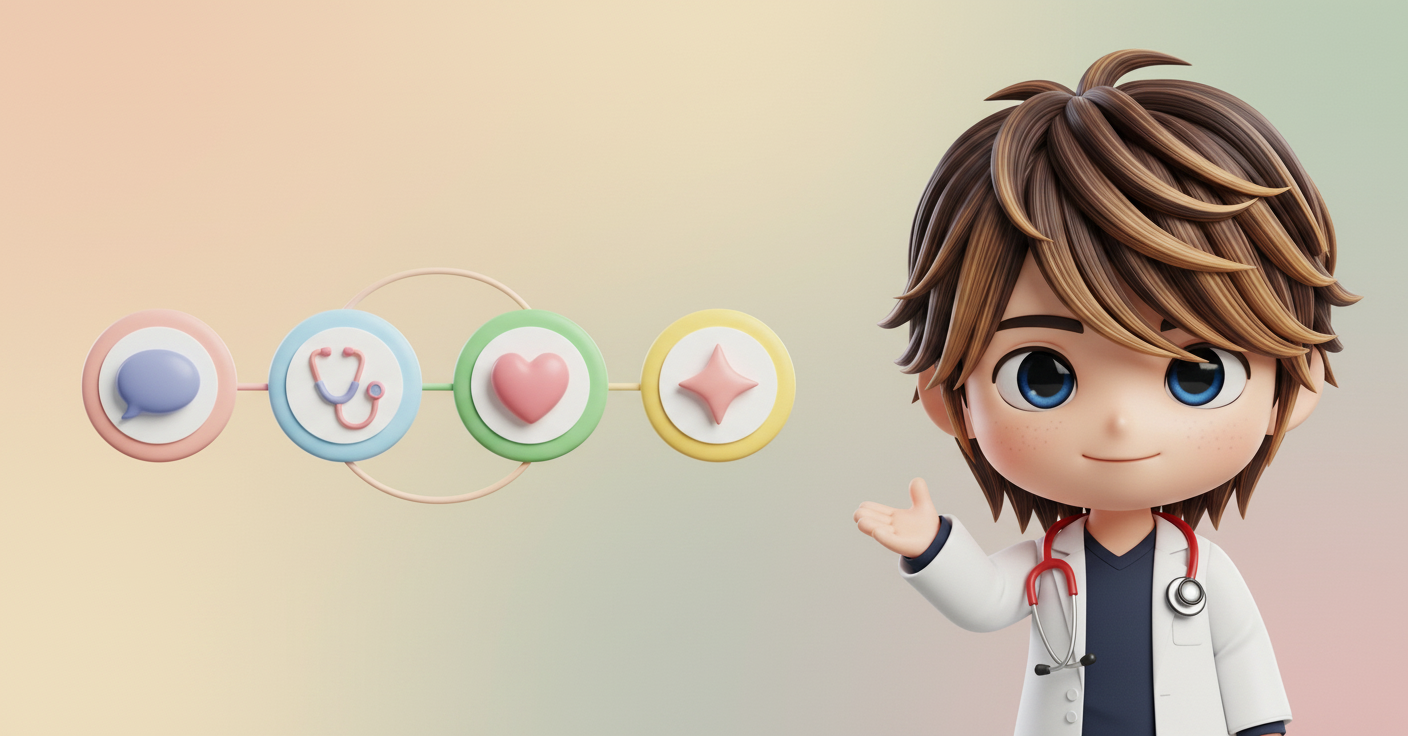 初診から治療開始・継続フォローまでの流れを表すアイコンベースのフラットイラスト