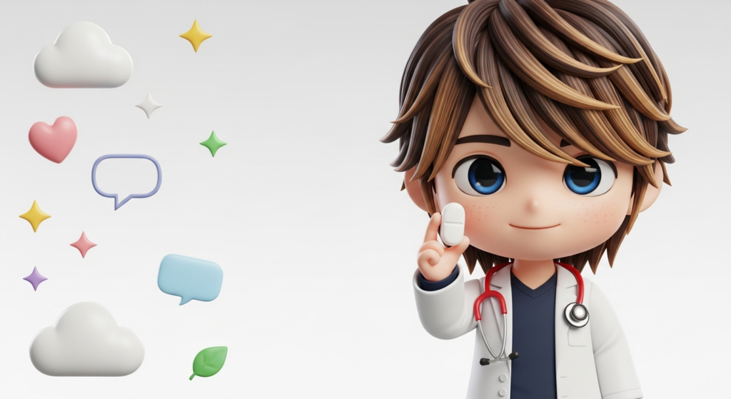 まさぼ内科・糖尿病クリニックのマスコットキャラクターがオルフォルグリプロン（Foundayo）の錠剤を持つ3Dちびキャライラスト