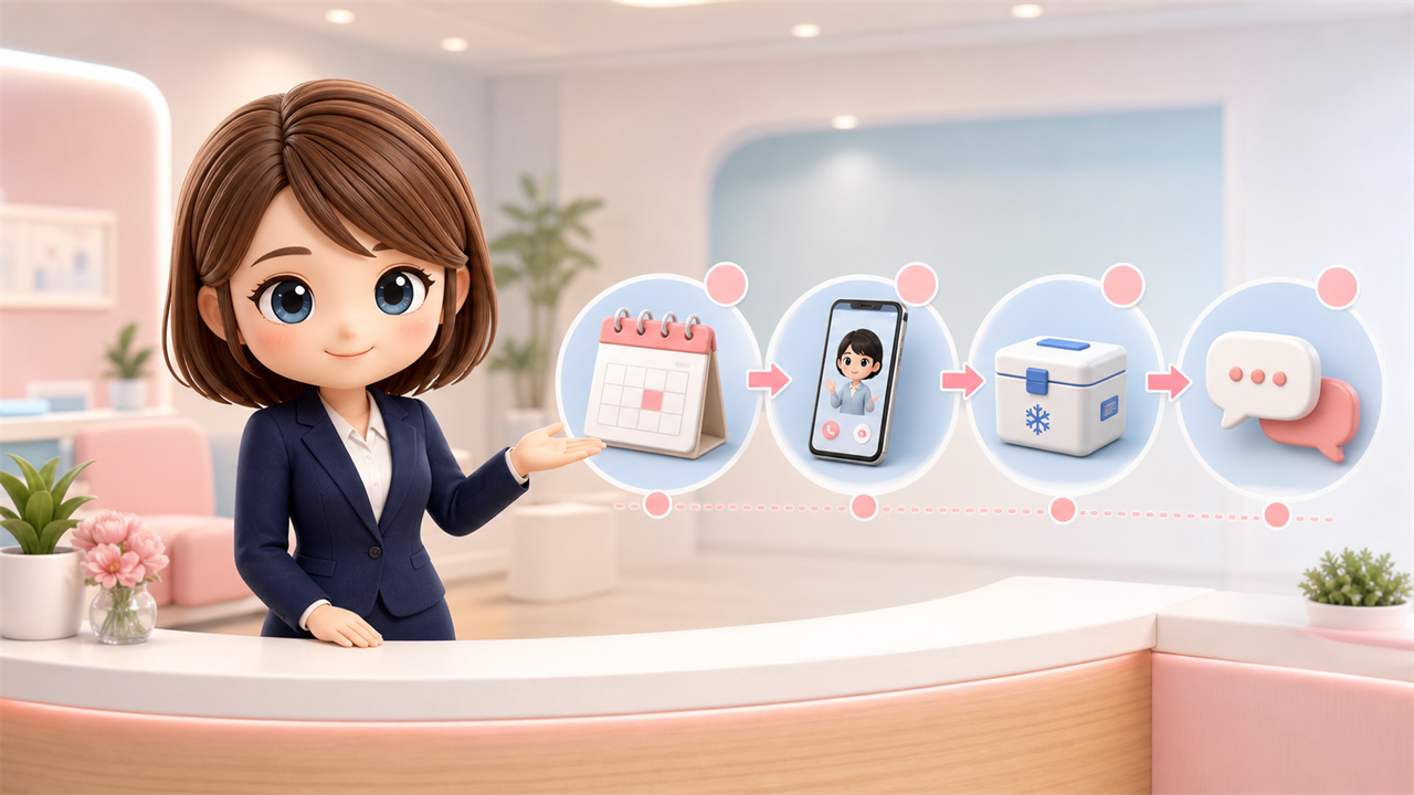 オンライン診療の流れ(予約・診察・冷蔵配送・フォロー)を案内する受付スタッフのイラスト