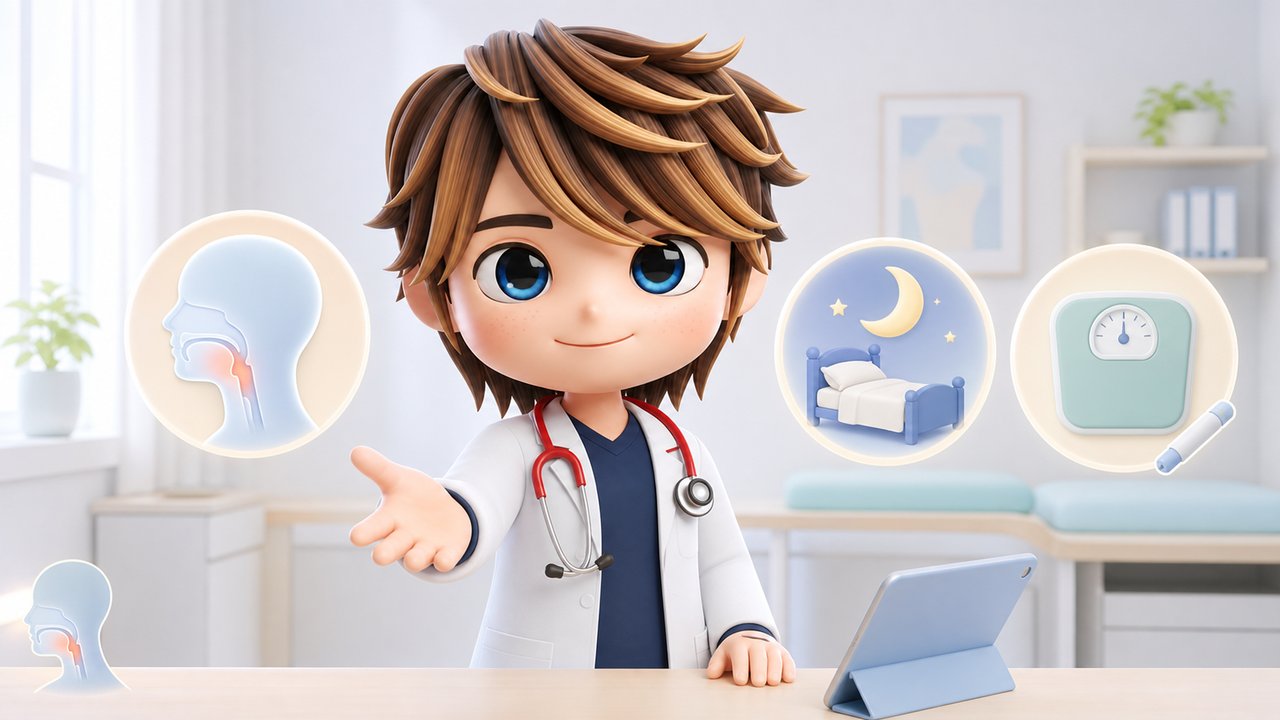 診察室で睡眠時無呼吸とゼップバウンドについて穏やかに説明する3Dちびキャラの男性医師(Dr.まさぼ)