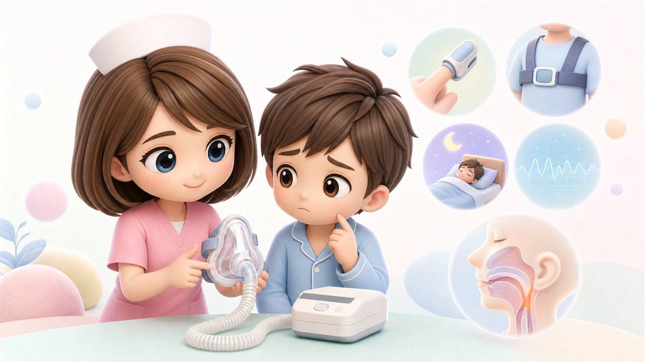 看護師の3Dちびキャラ(みお)がCPAPと検査についてやさしくアドバイスするイラスト