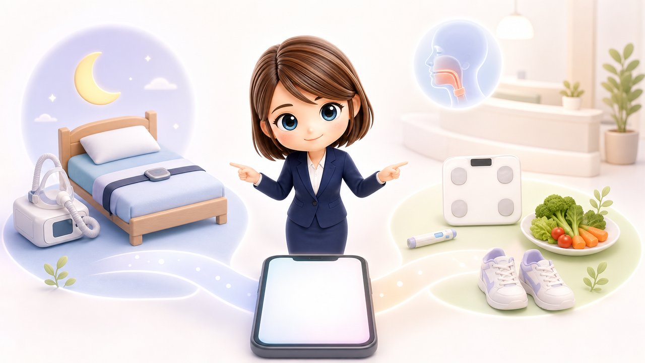 受付の3Dちびキャラ(あおい)がオンライン診療の流れと2つの相談導線を案内するイラスト