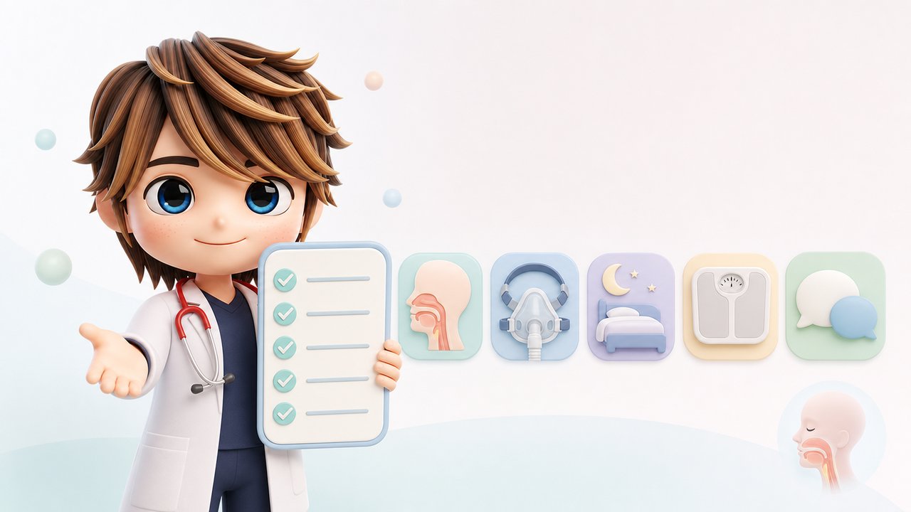 睡眠時無呼吸治療の確認ポイントをまとめた3Dちびキャラのイラスト(Dr.まさぼ)