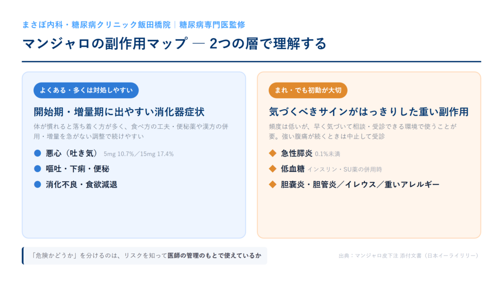マンジャロの副作用マップ：よくある消化器症状（悪心は5mg群10.7%・15mg群17.4%など）と、まれだが初動が大切な急性膵炎（0.1%未満）・低血糖・胆嚢炎などを2層で整理した図。出典は添付文書。