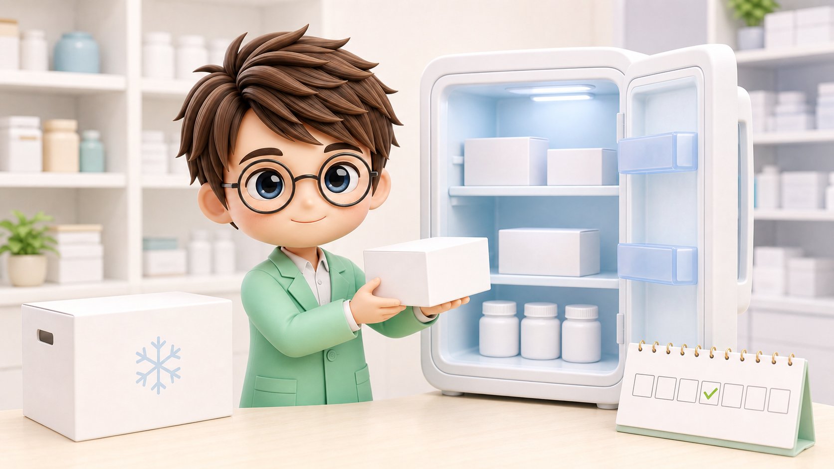 薬剤師がマンジャロの冷蔵保管とクール便でのお届けを案内するイラスト