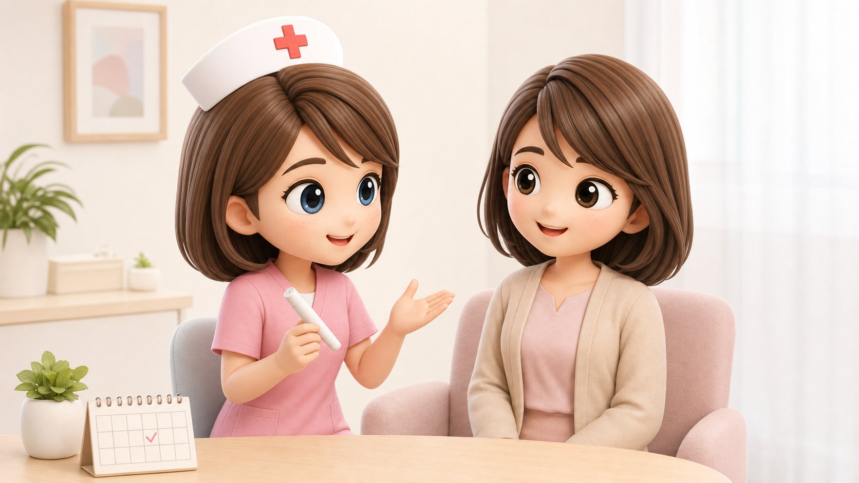 初めての自己注射を終えて安心する患者と看護師のイラスト