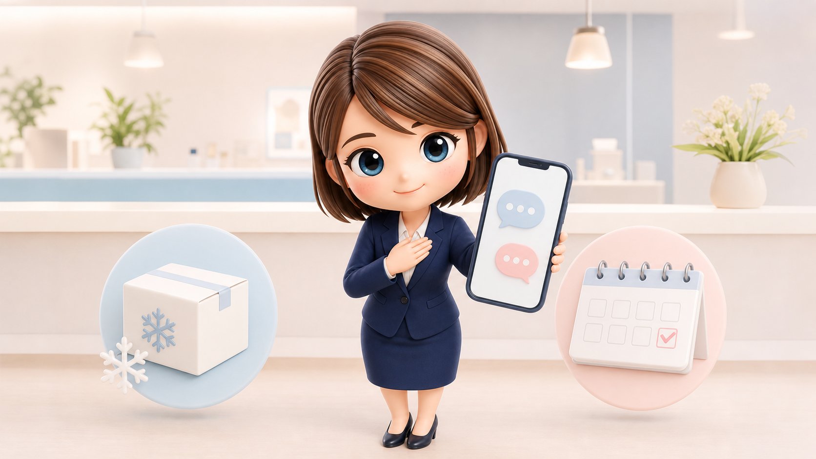 受付スタッフがスマートフォンからのマンジャロ相談窓口を案内するイラスト