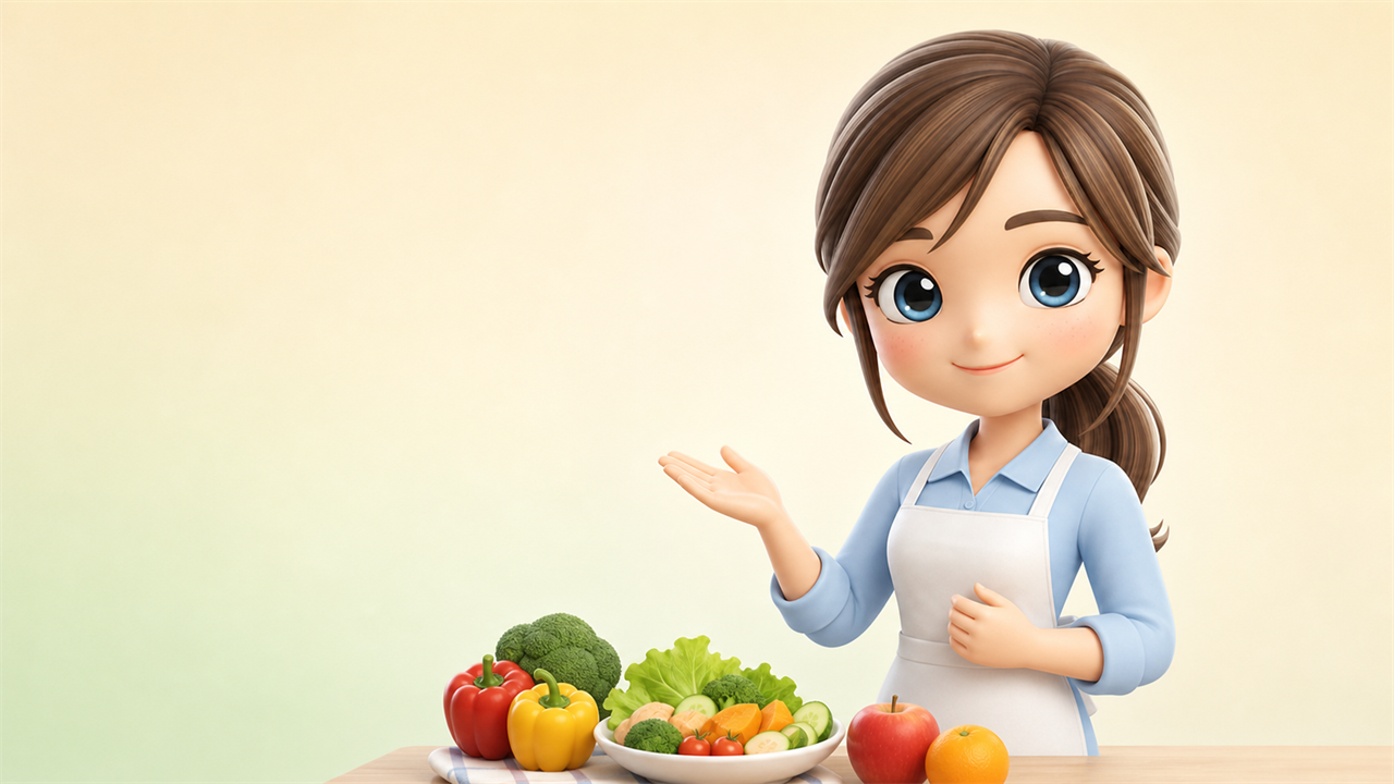食事療法との併用について説明する管理栄養士の3Dキャラクター（はな）。野菜や果物を前に手を広げて案内している