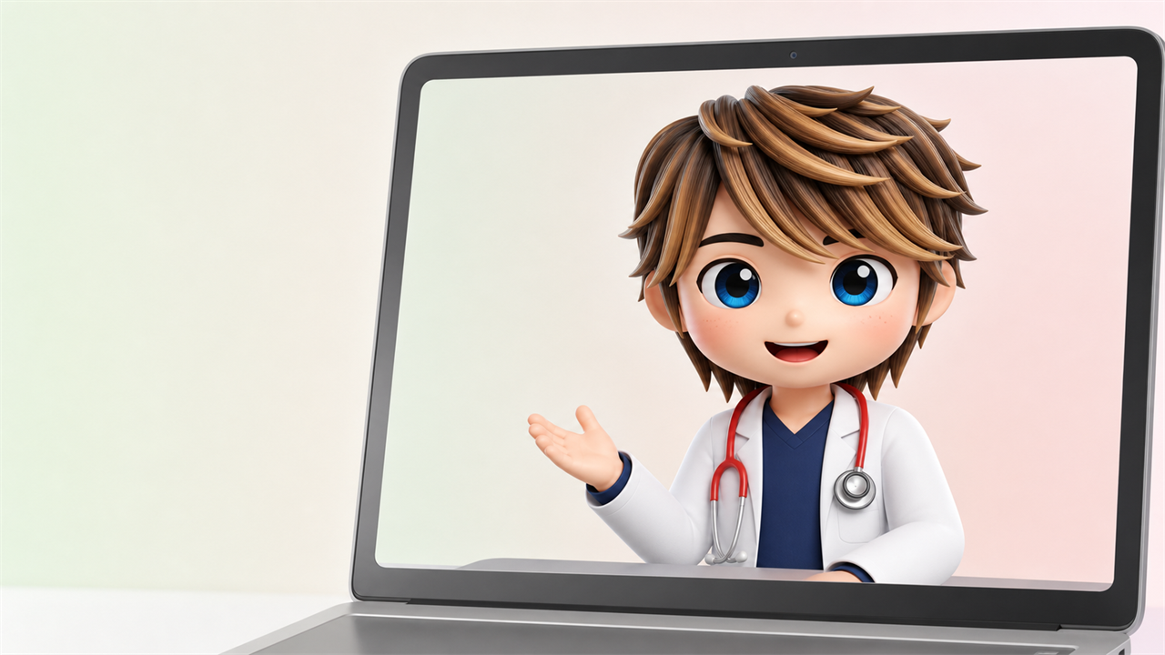 オンライン診療で患者の経過を確認する糖尿病専門医の3Dキャラクター（Dr.まさぼ）。ノートパソコンの画面越しに説明している