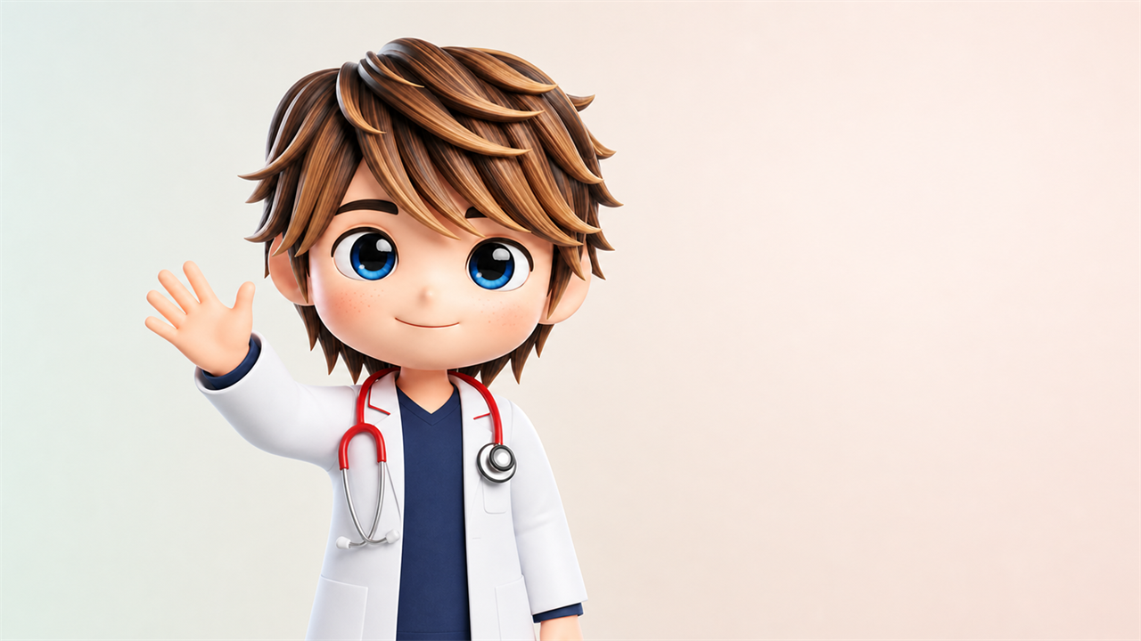 ウゴービについて解説する糖尿病専門医の3Dキャラクター（Dr.まさぼ）。白衣に聴診器をかけて挨拶している