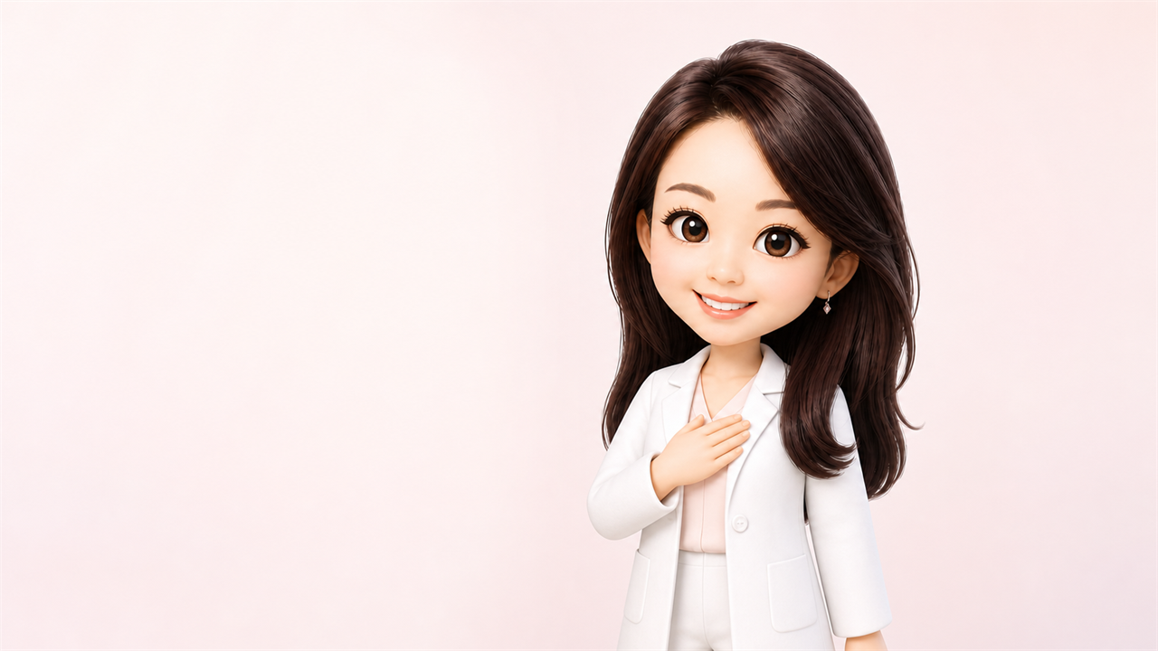 副作用への対処法を穏やかに説明する医師の3Dキャラクター（小林寛子医師）。胸に手を添えて安心させるように話している