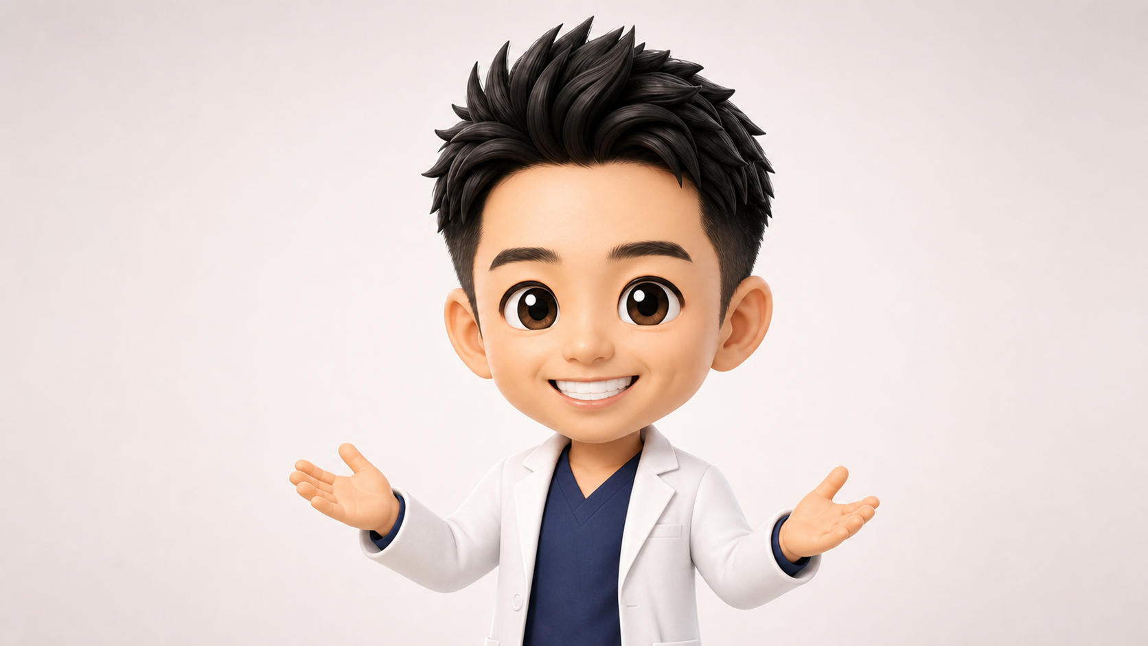 一緒に治療を進めましょうと前向きに語りかける医師の3Dキャラクター（小林高之医師）。両手を軽く広げて微笑んでいる