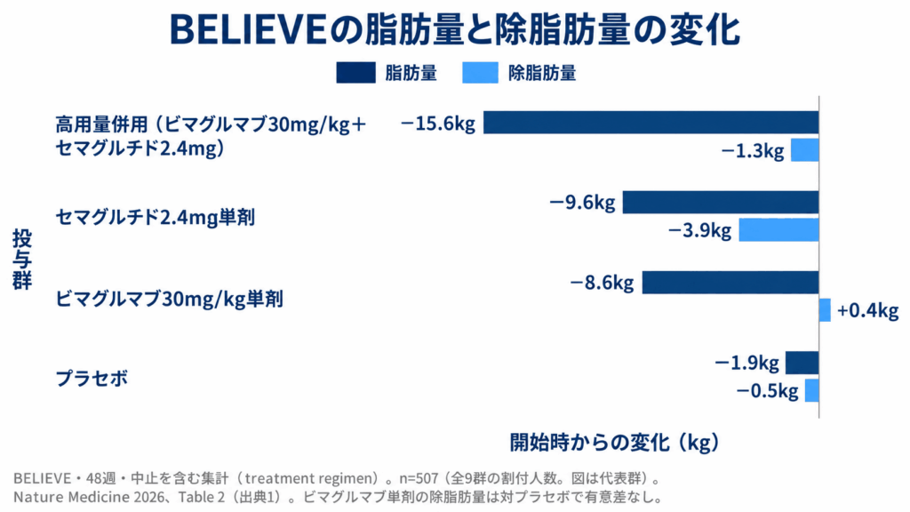 BELIEVE・48週・途中でやめた人も含む集計、n=507。高用量併用、セマグルチド2.4mg、ビマグルマブ30mg/kg、プラセボの脂肪量・除脂肪量変化（kg）。出典1。